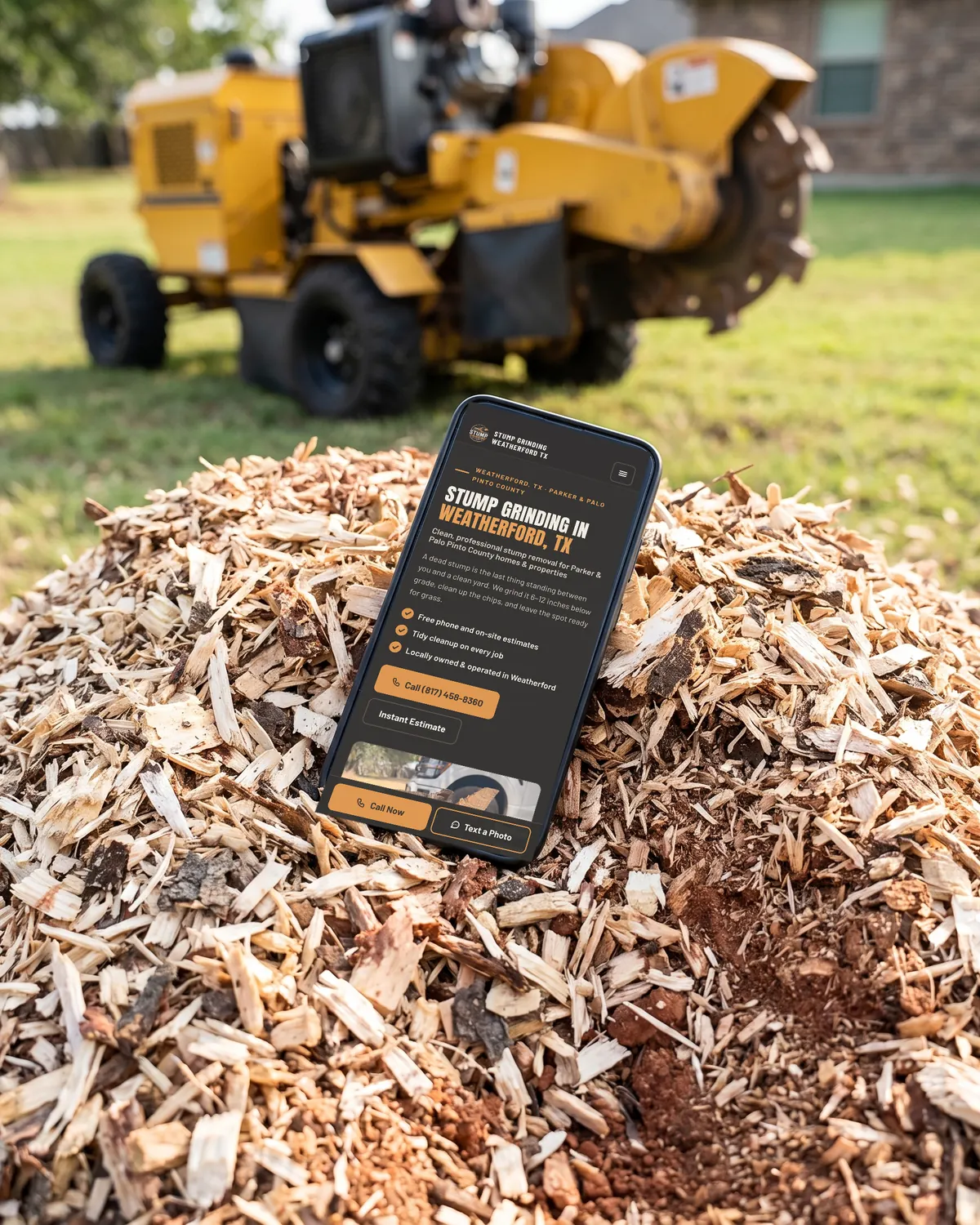 Stump Grinding Weatherford TX home page on a phone lying on a freshly ground stump, wood chips around it and the grinder behind.