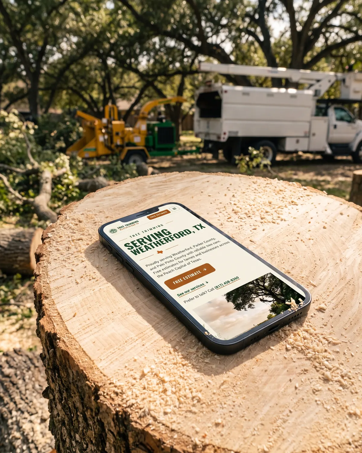 Tree Trimming Weatherford TX home page on a phone lying on the cut end of an oak log, sawdust around it, a chipper and bucket truck behind.